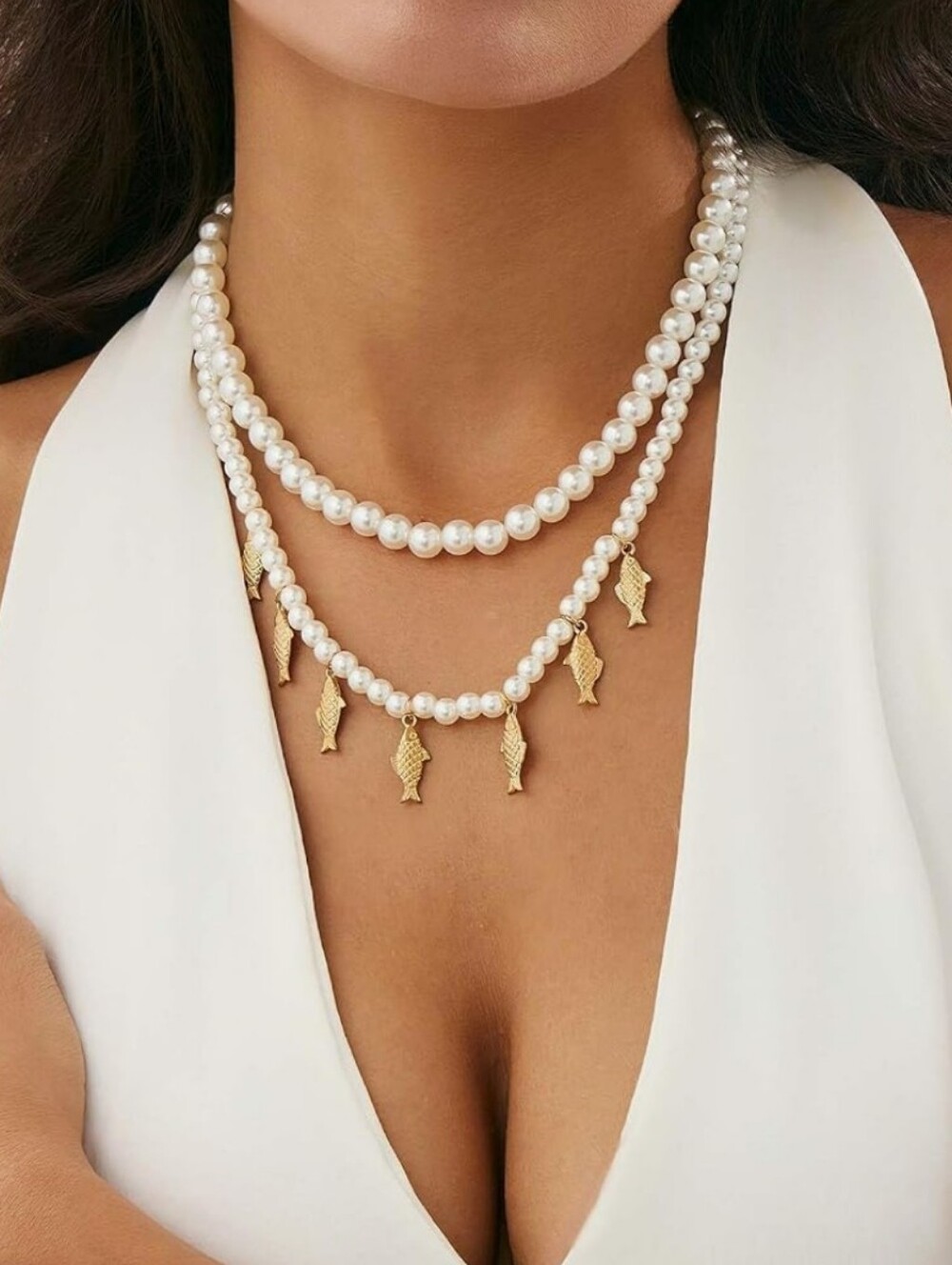 Pearl Layered Necklace with Gold Fish Charms - White
